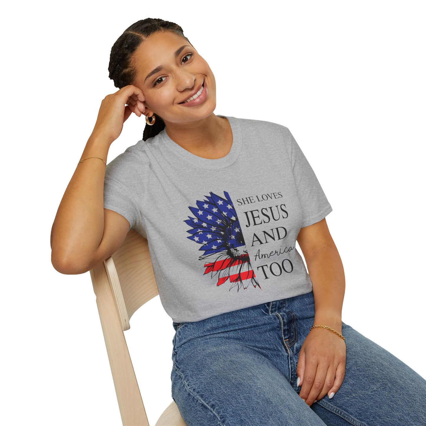 Women’s She Loves Jesus and America Softstyle T-Shirt