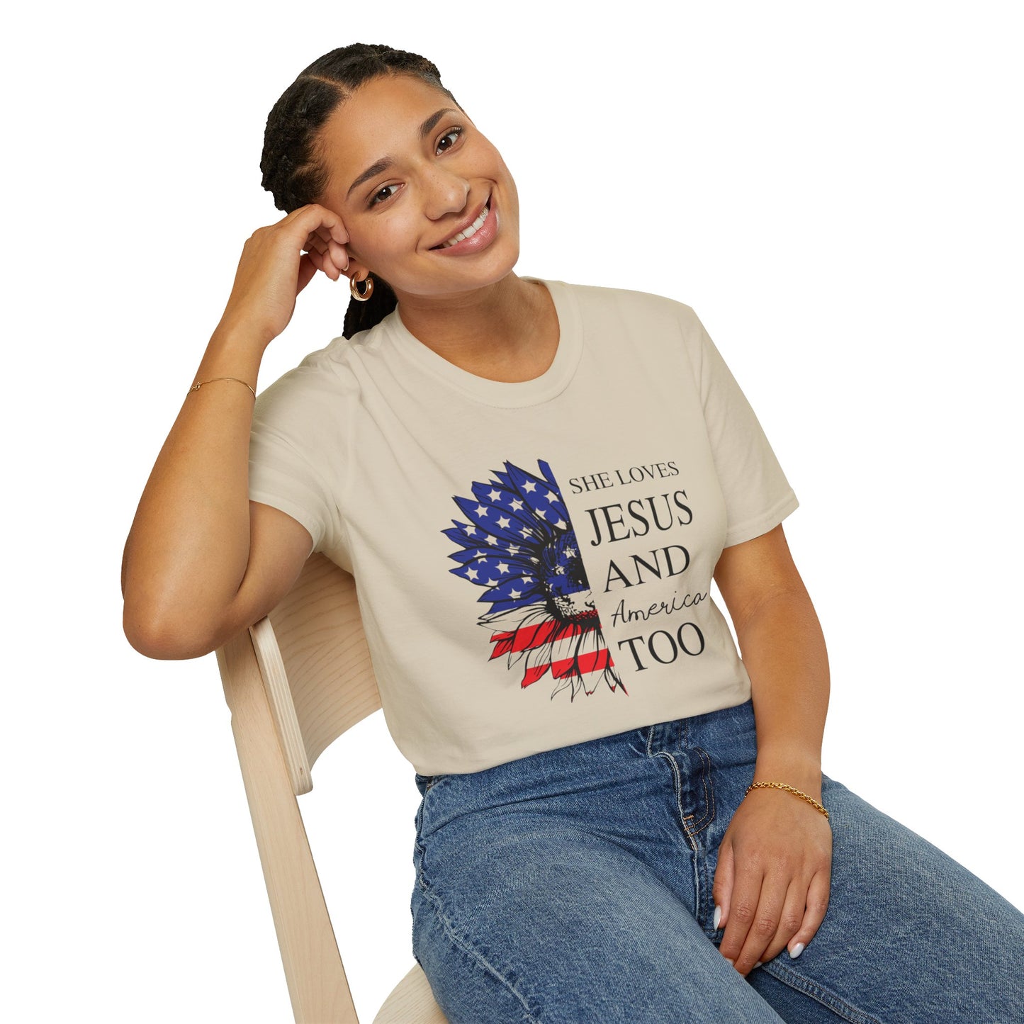 Women’s She Loves Jesus and America Softstyle T-Shirt