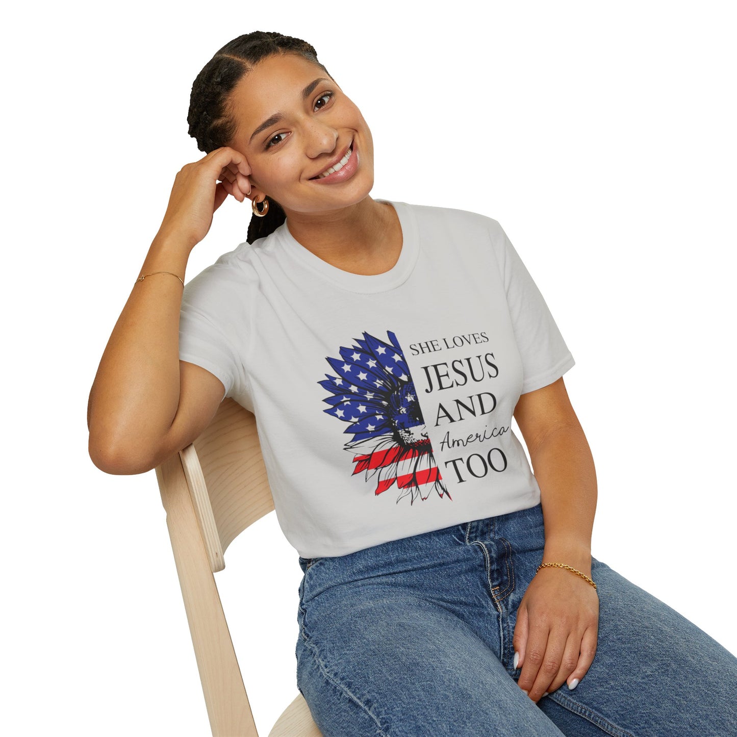 Women’s She Loves Jesus and America Softstyle T-Shirt