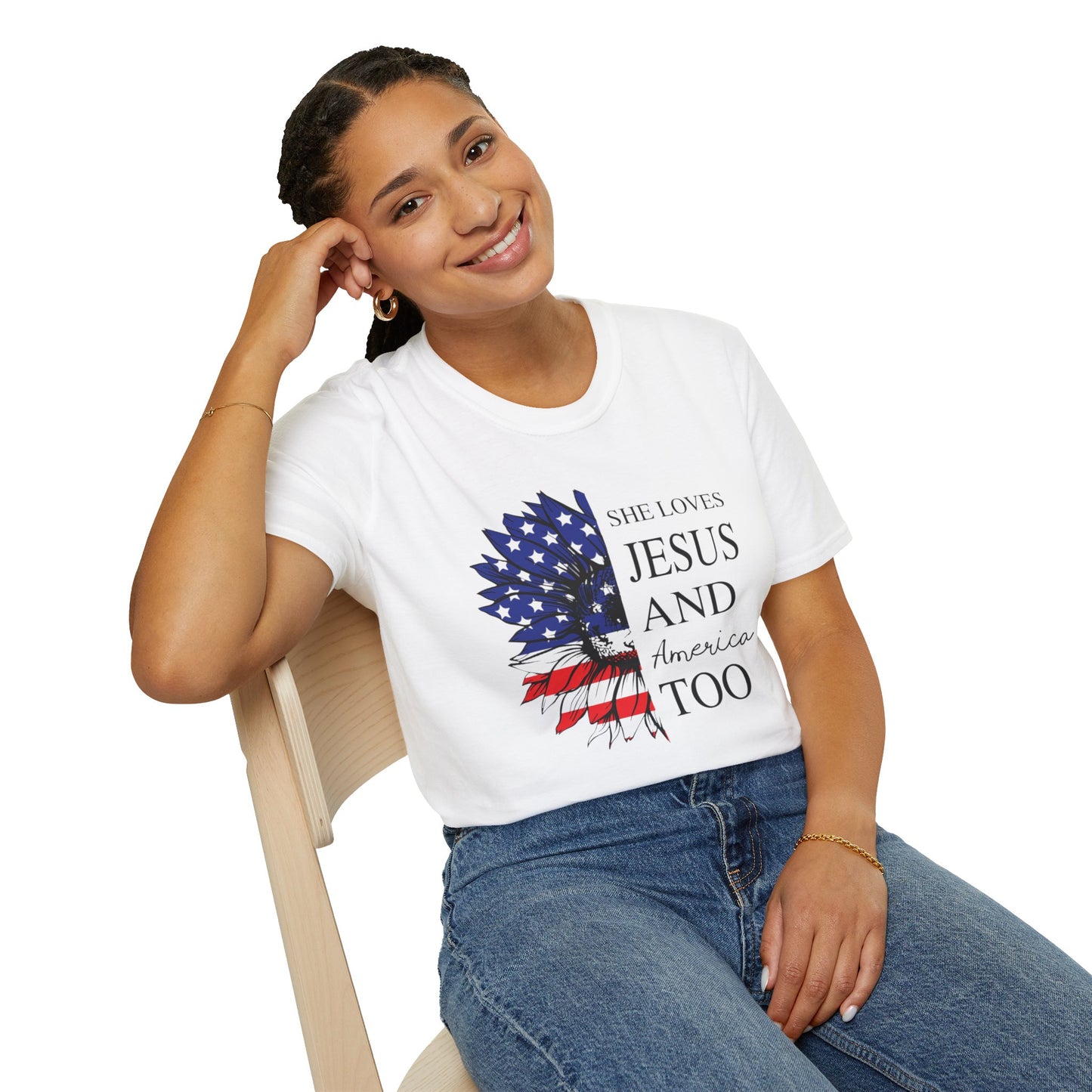 Women’s She Loves Jesus and America Softstyle T-Shirt