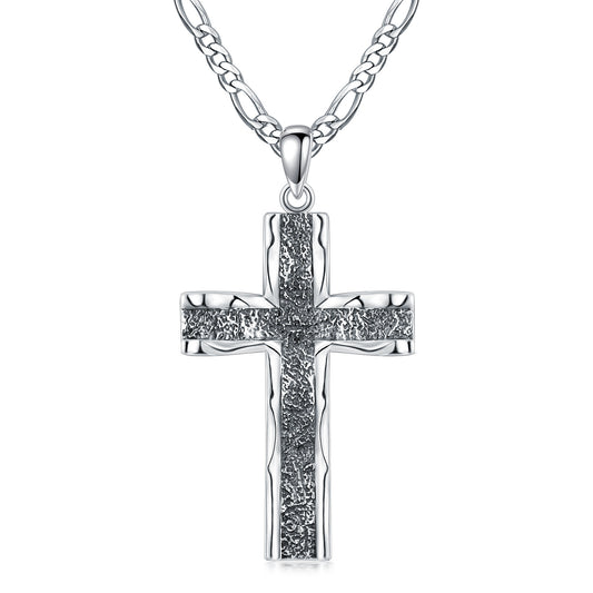 925 Sterling Silver Cross Pendant with Stainless Steel Figaro Chain Oxidized Cross Necklace Christian Jewelry